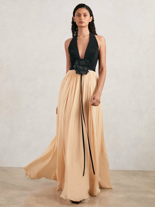 Halston Crepe and Chiffon Maxi Dress Black/Ivory | Women