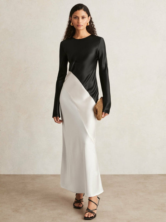 Acler Satin Colour Block Midi Dress Ivory/Black | Women