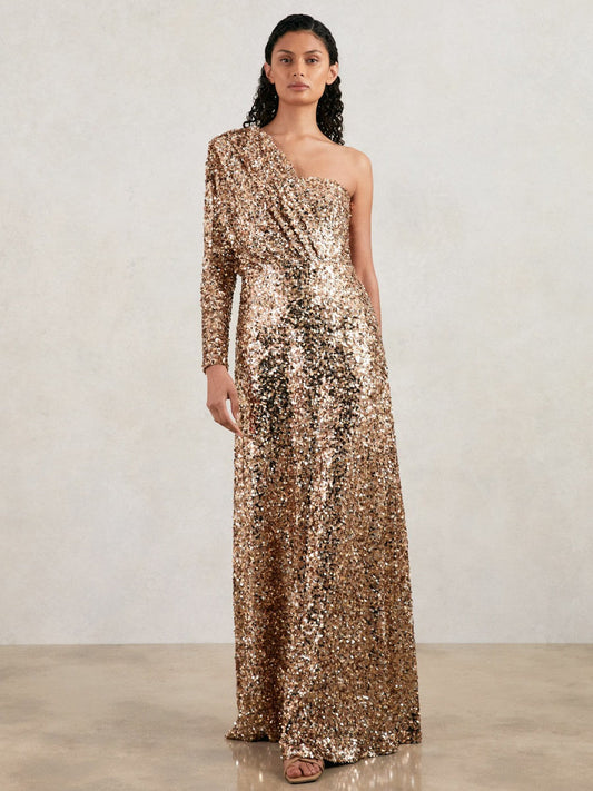 Halston Sequin One Shoulder Maxi Dress Gold | Women
