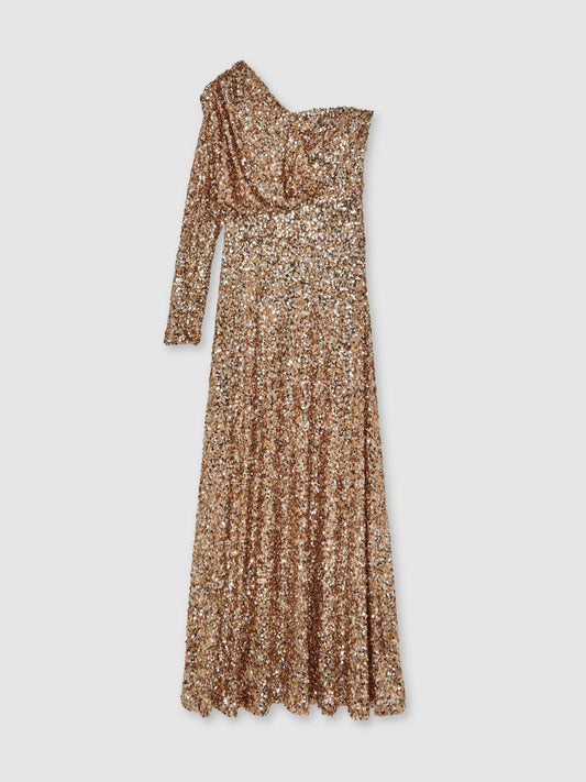 Halston Sequin One Shoulder Maxi Dress Gold | Women