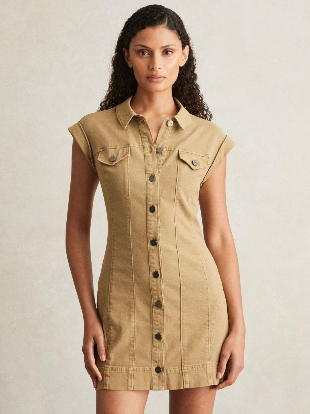 Paige Fern Beige Denim Button Through Mini Dress Fern Beige | Women