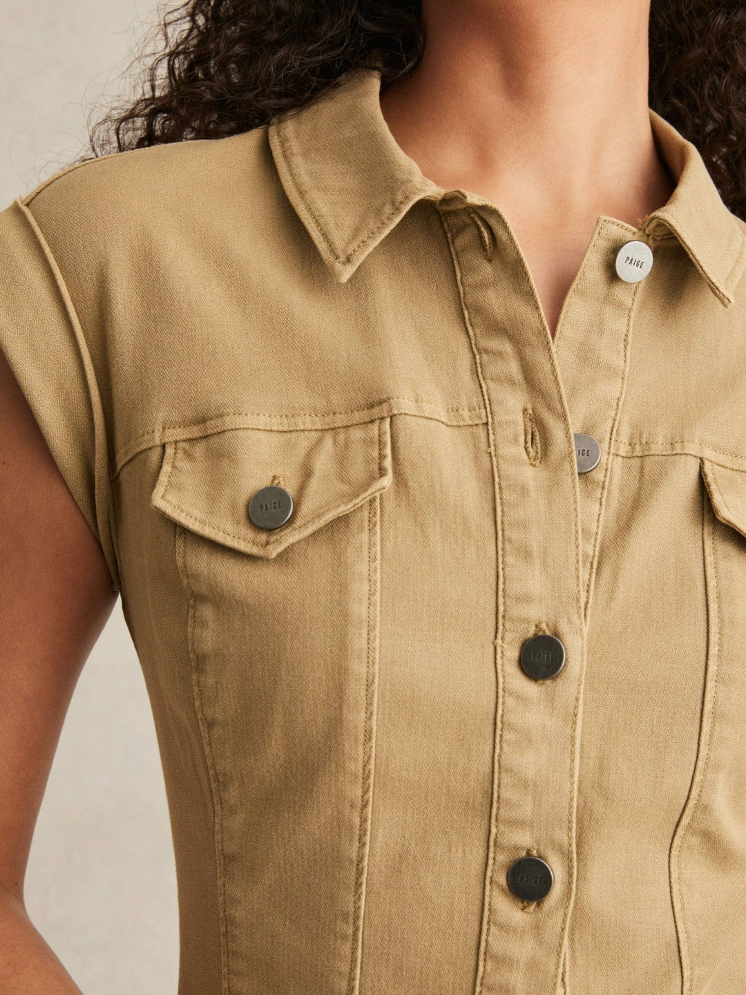 Paige Fern Beige Denim Button Through Mini Dress Fern Beige | Women