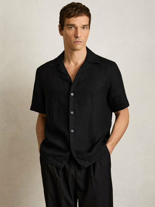 Linen Cuban-Collar Shirt Black | Men