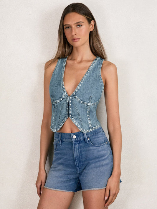 Studded Denim Vest Indigo Blue | Women