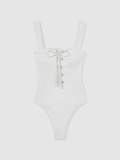 Ribbed Lace-Up Swimsuit White | Women