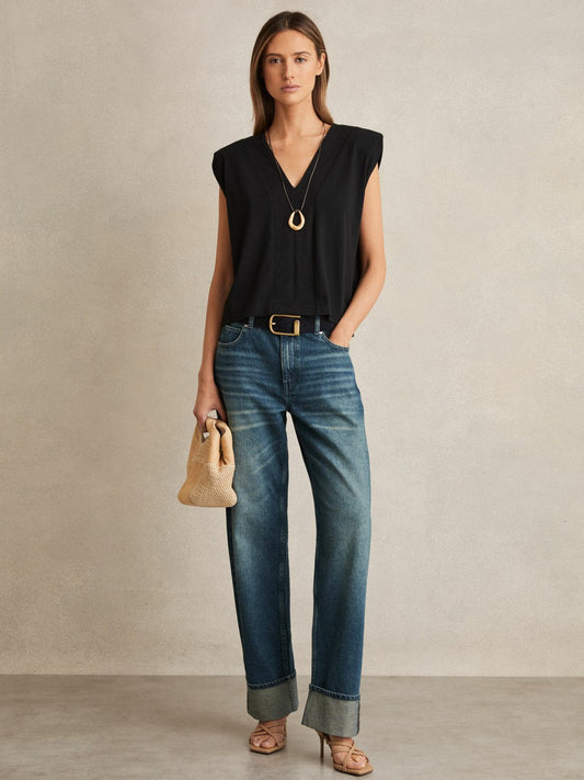 Cotton Shoulder-Pad V-Neck Top Black | Women