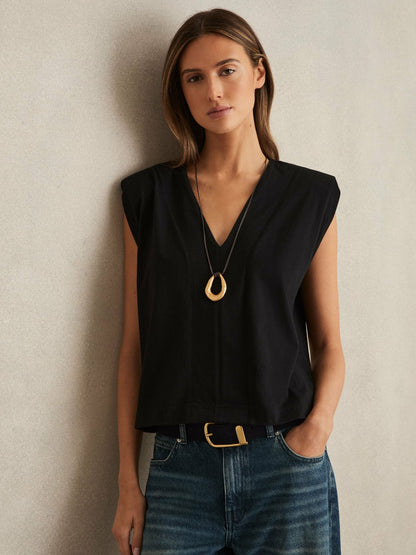 Cotton Shoulder-Pad V-Neck Top Black | Women