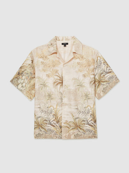 Jungle Print Cuban-Collar Shirt Soft Sage Green | Men