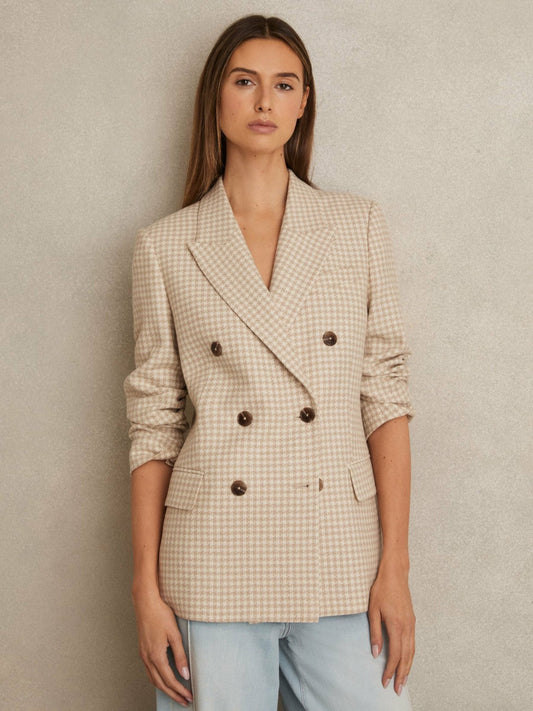 Petite Double Breasted Check Blazer With Wool Neutral Check | Women