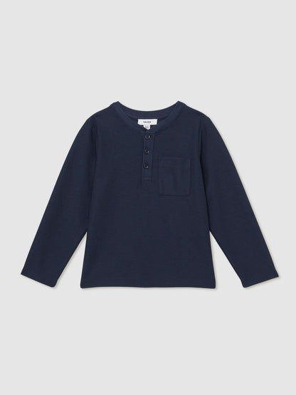 13-14 yrs Cotton-Blend Waffle Henley T-Shirt Navy | Children & Baby