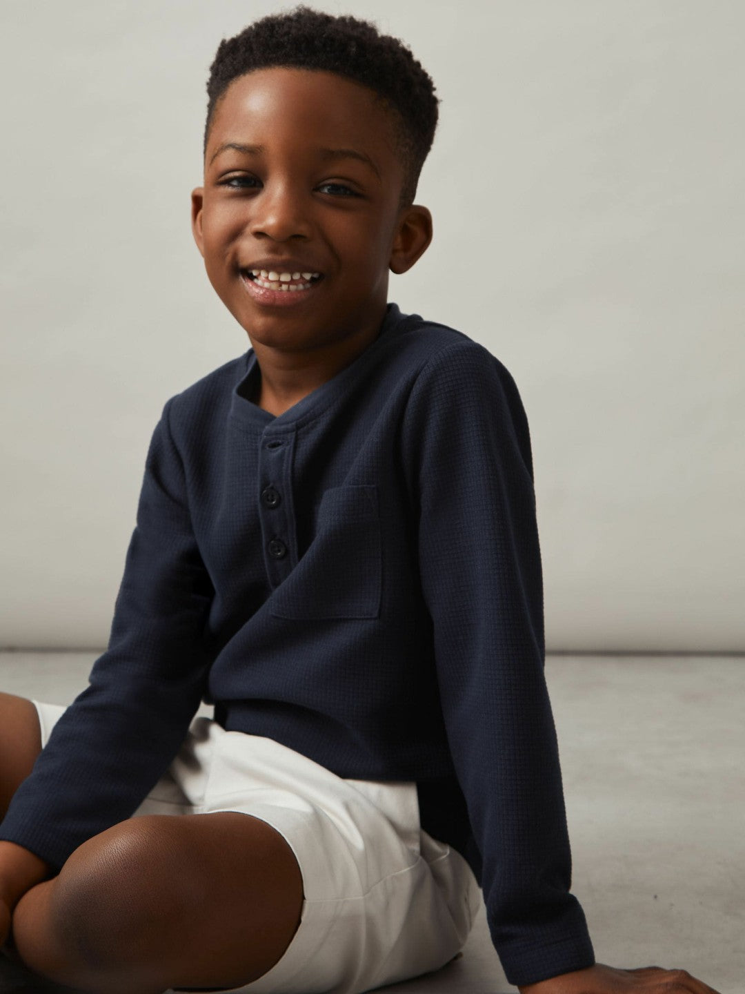 13-14 yrs Cotton-Blend Waffle Henley T-Shirt Navy | Children & Baby