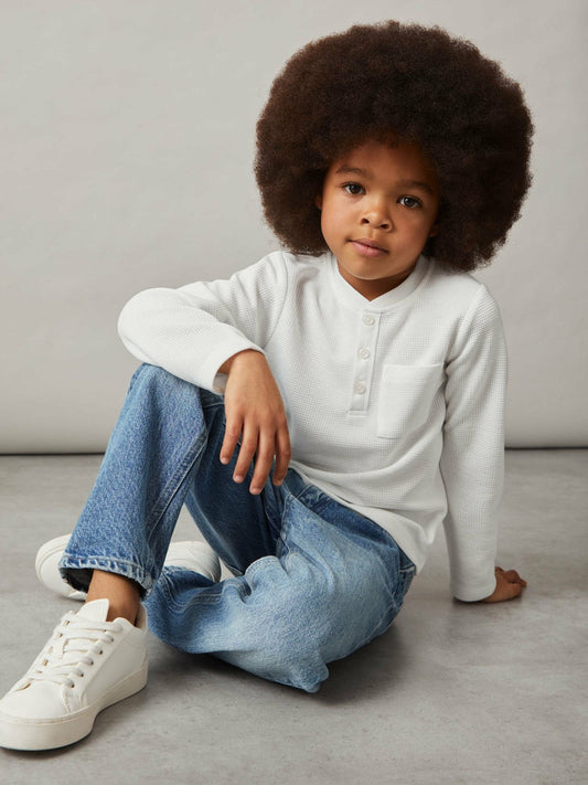 13-14 yrs Cotton-Blend Waffle Henley T-Shirt White | Children & Baby
