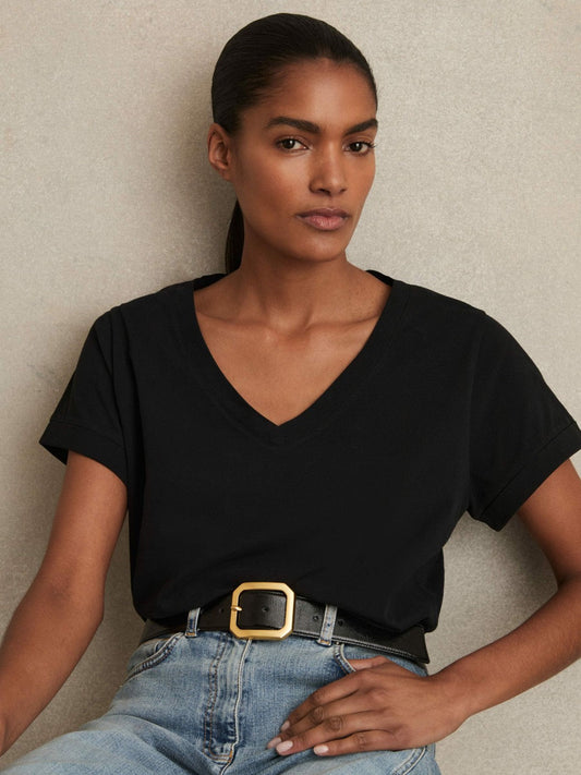 Brushed-Cotton V-Neck T-Shirt Black | Women