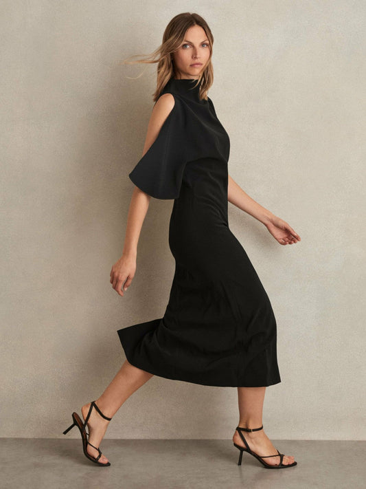 Draped-Front High-Neck Midi Dress Black | Women