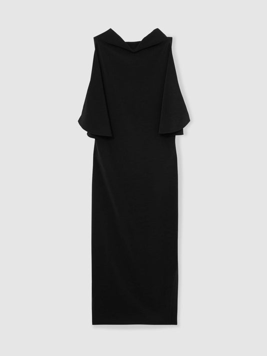 Draped-Front High-Neck Midi Dress Black | Women