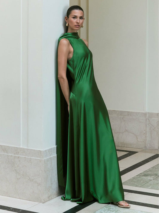 Satin Cape Maxi Dress Green | Women