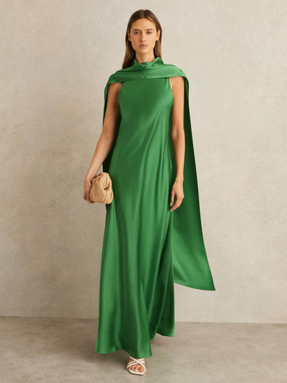 Satin Cape Maxi Dress Green | Women