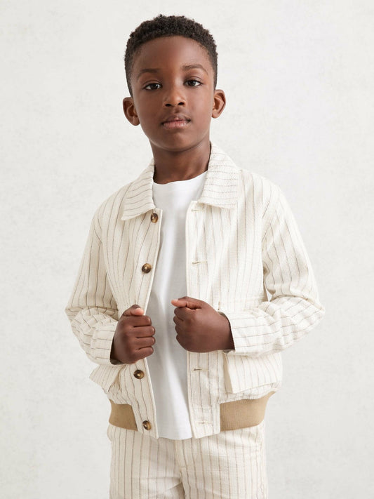 3-9 yrs Cotton Pinstripe Harrington Jacket Off White/Taupe Brown | Children & Baby