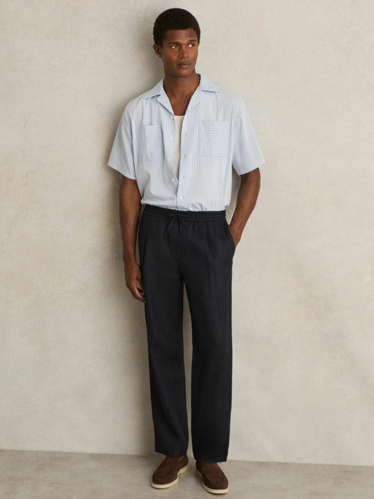 Linen Drawstring Relaxed-Fit Trousers Navy | Men