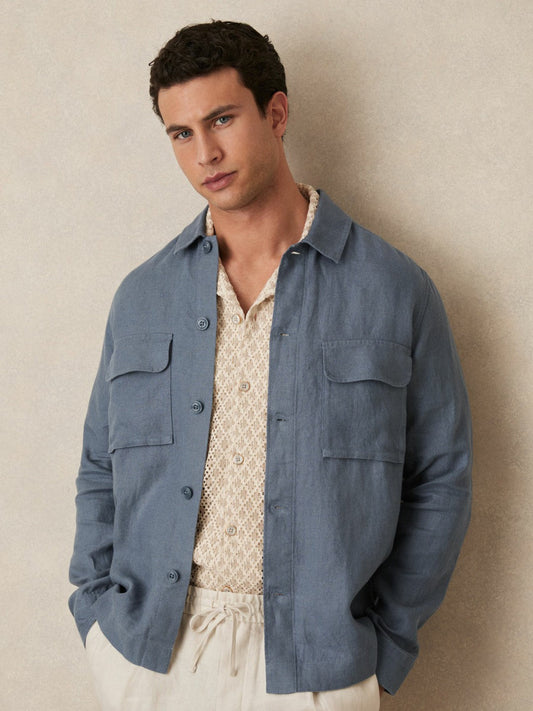 Linen Twin-Pocket Overshirt Airforce Blue | Men