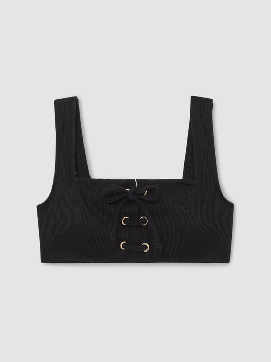 Ribbed Lace-Up Bikini Top Black | Women