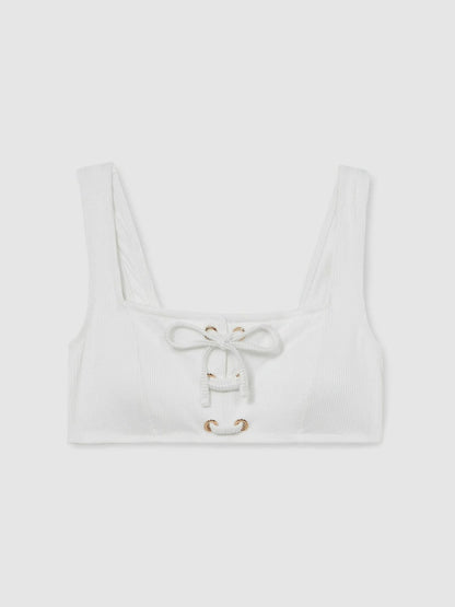 Ribbed Lace-Up Bikini Top White | Women