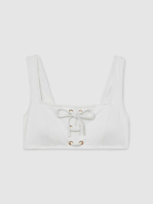 Ribbed Lace-Up Bikini Top White | Women