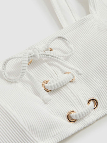 Ribbed Lace-Up Bikini Top White | Women