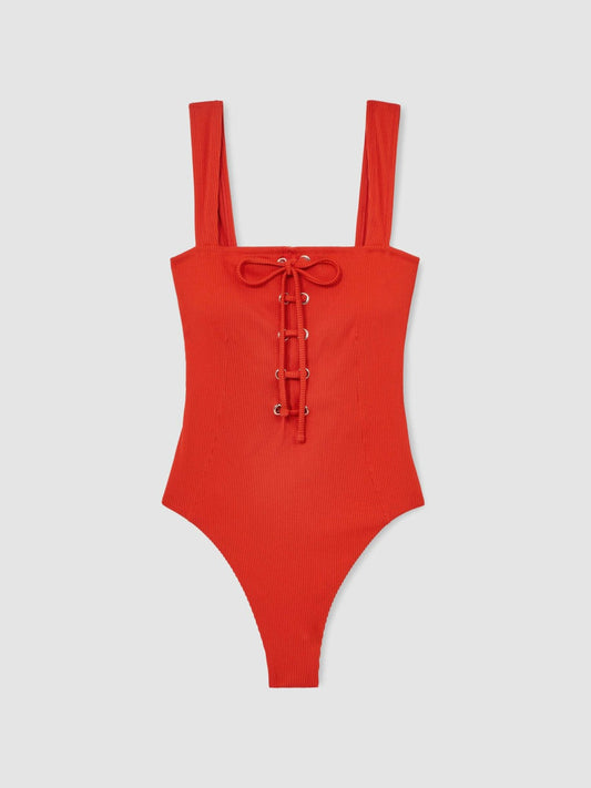 Ribbed Lace-Up Swimsuit Orange | Women