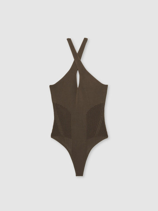 Perforated-Knit Cross-Strap Bodysuit Mink | Women