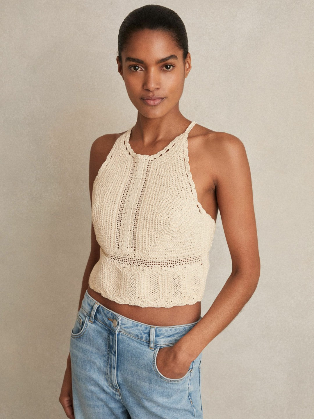 Cotton Crochet Tie-Back Cropped Top Cream | Women