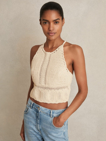Cotton Crochet Tie-Back Cropped Top Cream | Women