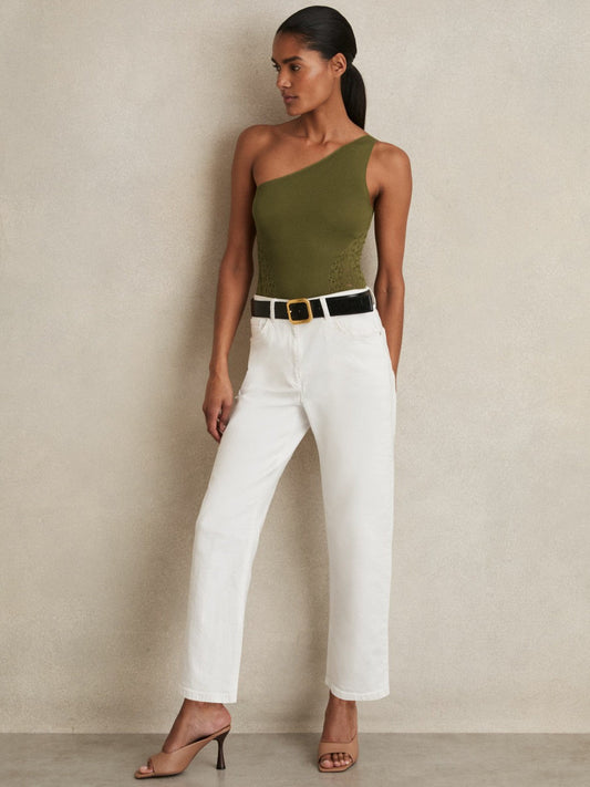 Lace-Knit Detail One-Shoulder Bodysuit Green | Women