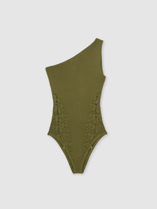 Lace-Knit Detail One-Shoulder Bodysuit Green | Women