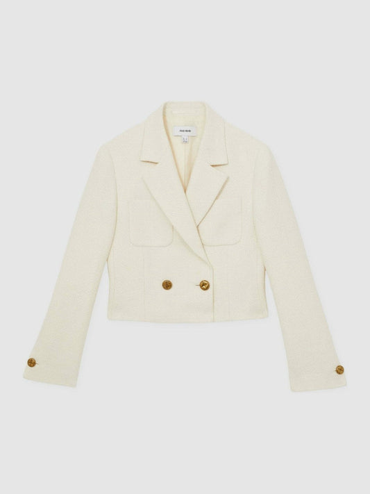 Double-Breasted Textured Cropped Blazer with Wool and Cotton White | Women