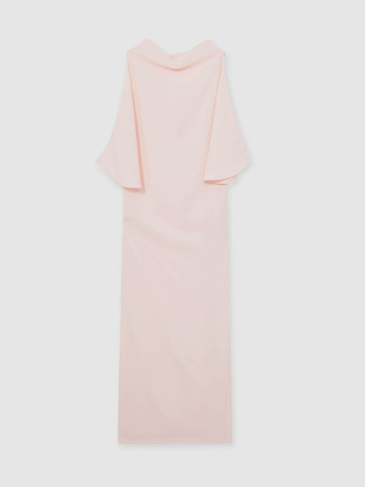 Draped-Front High-Neck Midi Dress Pale Pink | Women