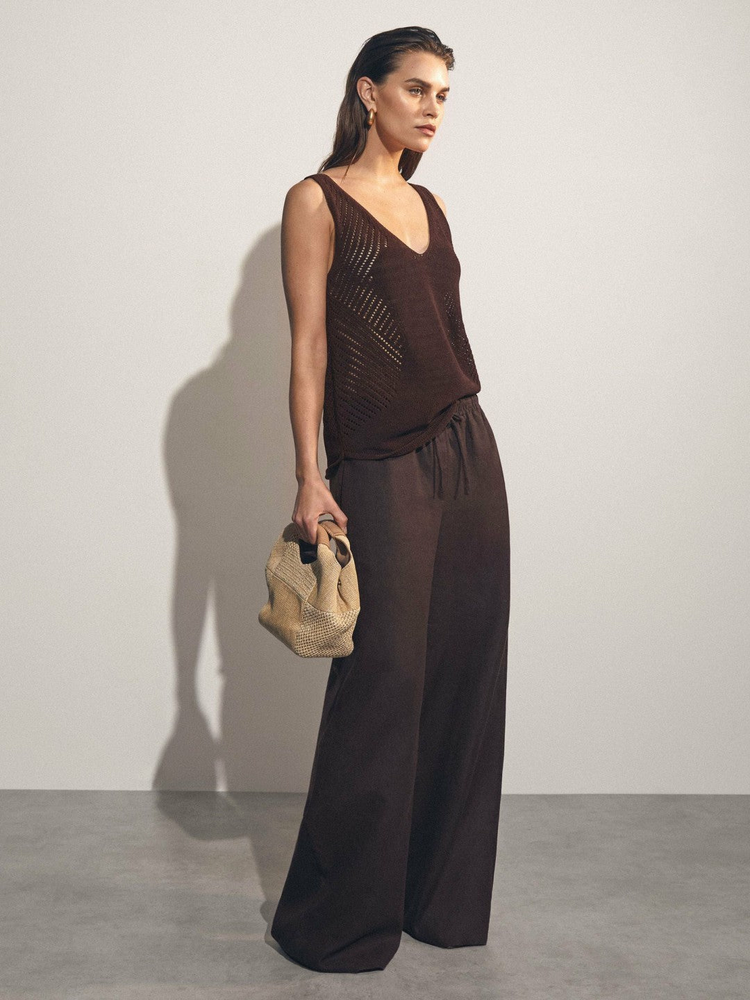 Cotton Blend Open Knit Vest Chocolate Brown | Women