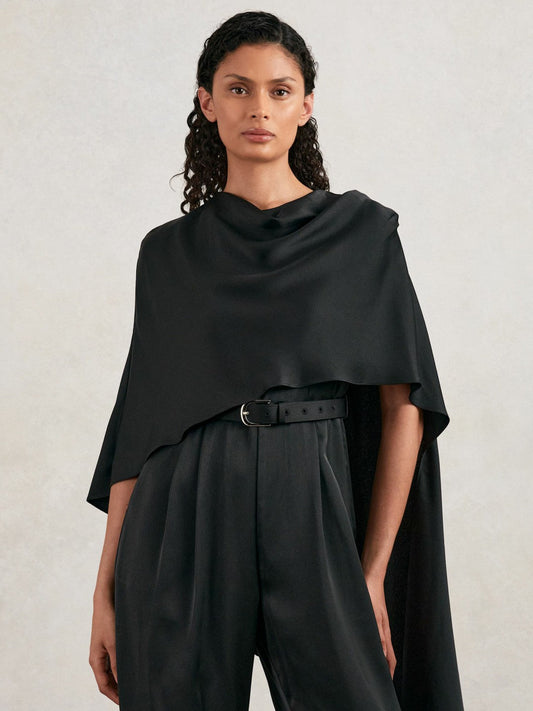 Halston Crepe Wide Leg Cape Jumpsuit Black | Women