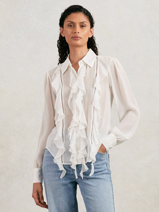 Paige Silk Georgette Ruffle Trim Shirt White | Women