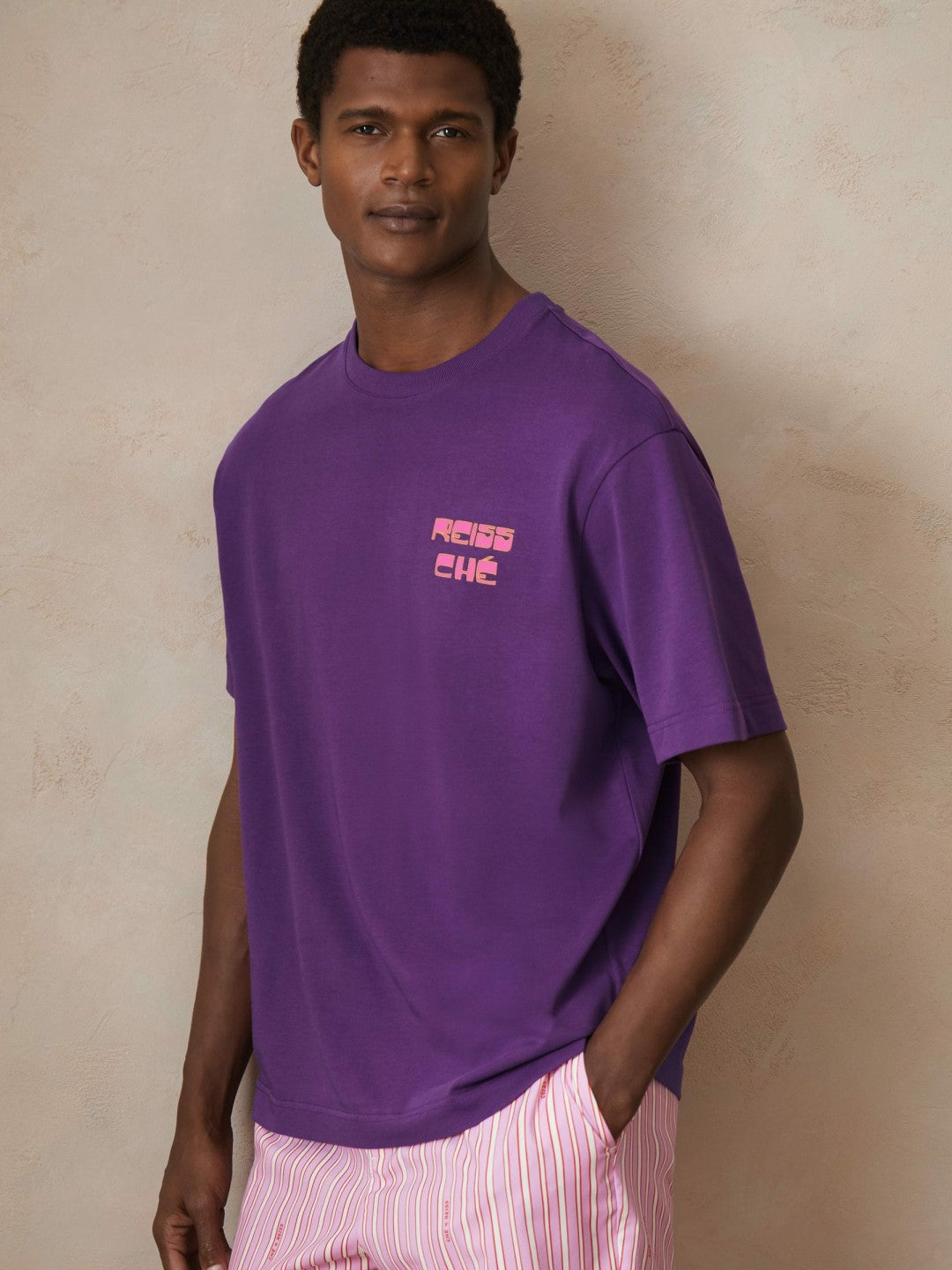 | Ché Cotton Palm-Print T-Shirt Purple | Men