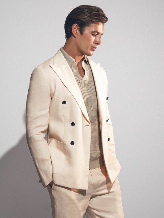 Linen Double-Breasted Suit Slim-Fit Blazer Stone | Men