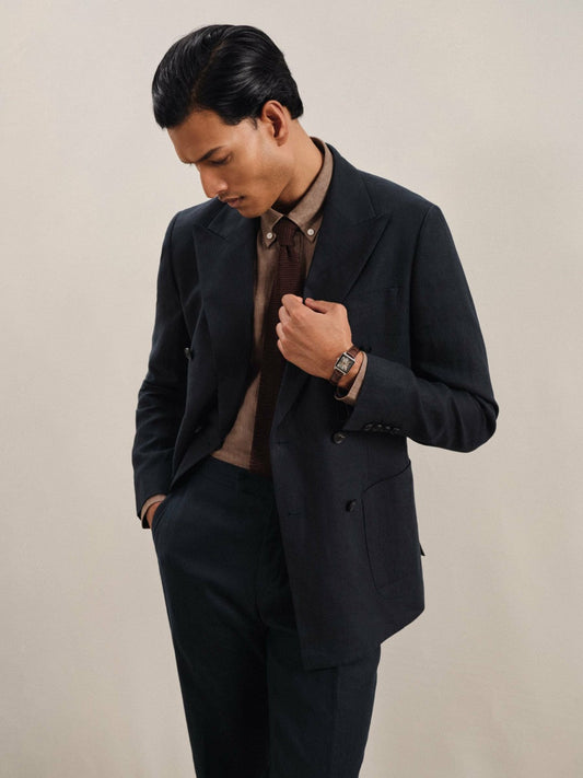Linen Double-Breasted Suit Slim-Fit Blazer Navy | Men