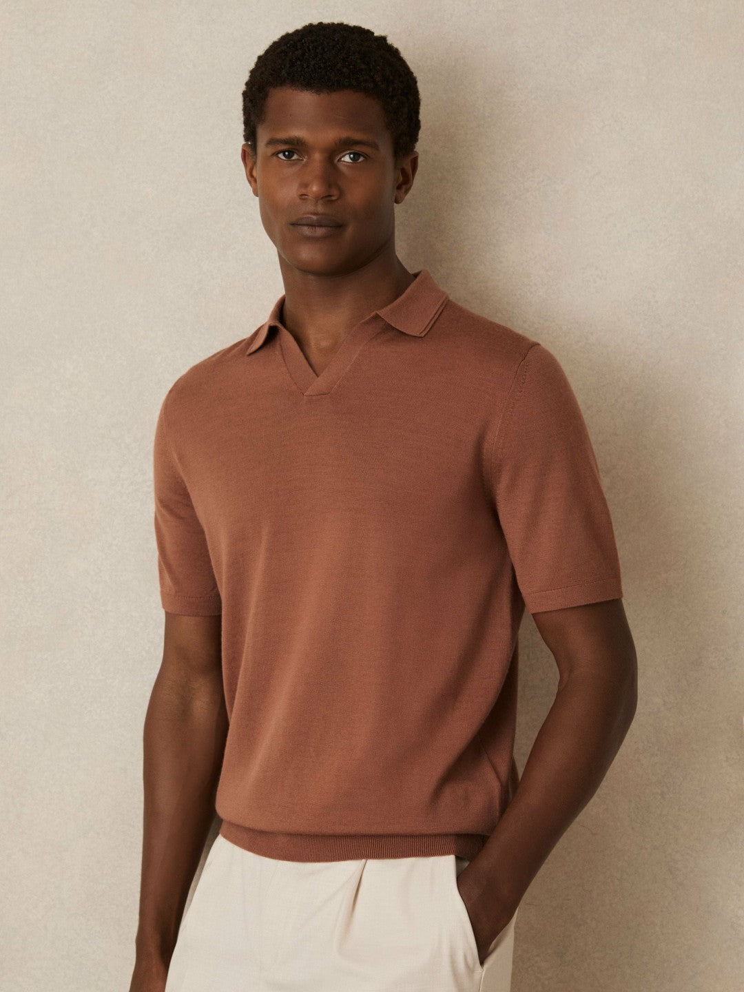 Merino Wool Open Collar Polo Shirt Cinnamon Brown | Men