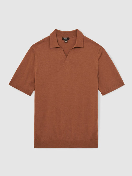 Merino Wool Open Collar Polo Shirt Cinnamon Brown | Men