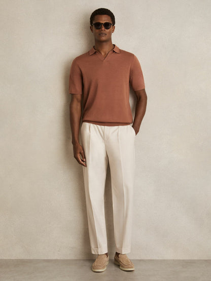 Merino Wool Open Collar Polo Shirt Cinnamon Brown | Men