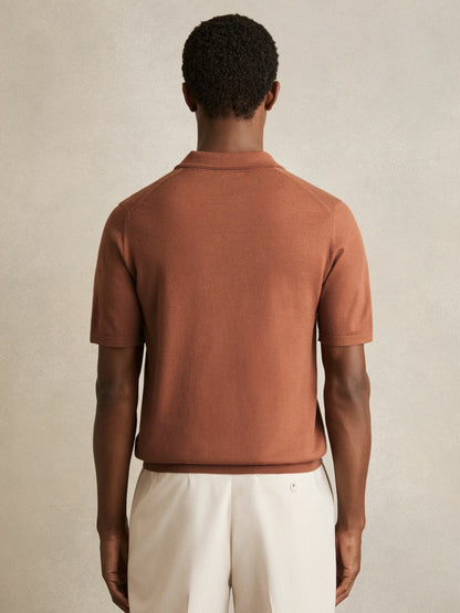 Merino Wool Open Collar Polo Shirt Cinnamon Brown | Men