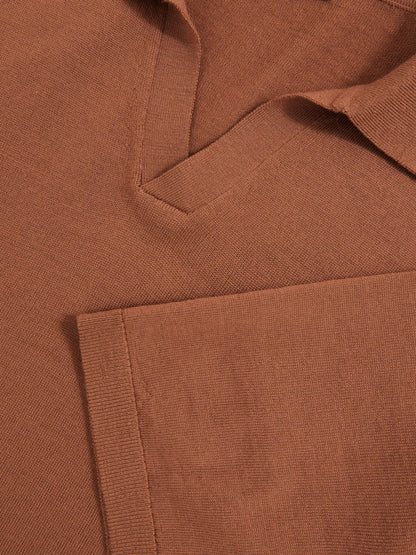 Merino Wool Open Collar Polo Shirt Cinnamon Brown | Men