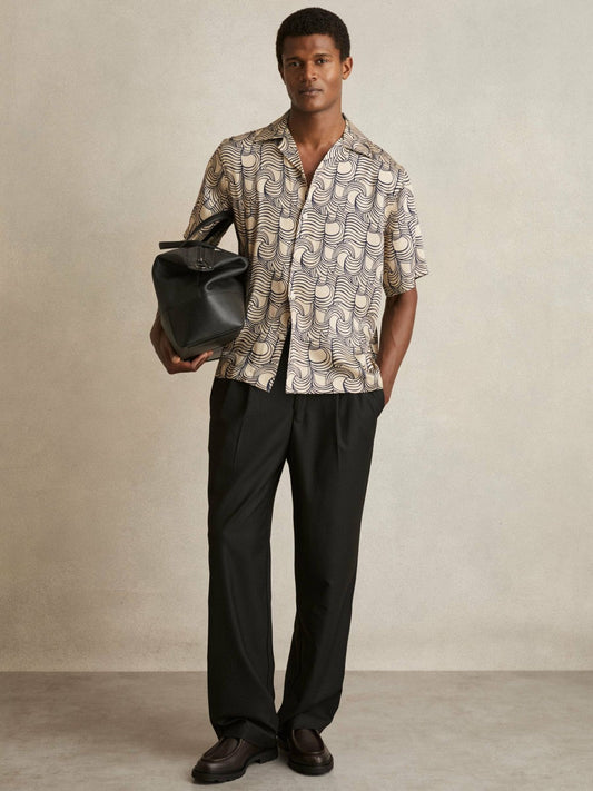 Wave Print Cuban Collar Shirt Off White/Navy | Men