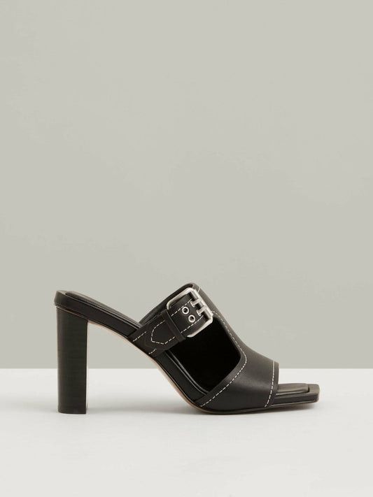 Leather Buckle Block-Heel Sandals Black | Women