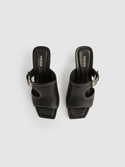 Leather Buckle Block-Heel Sandals Black | Women
